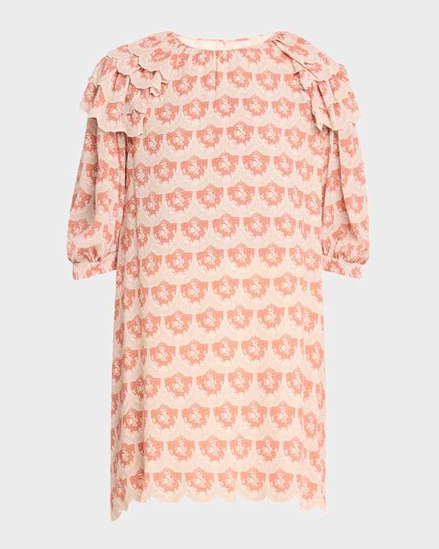 Floral Ruffled Scallop Silk Mini Dress